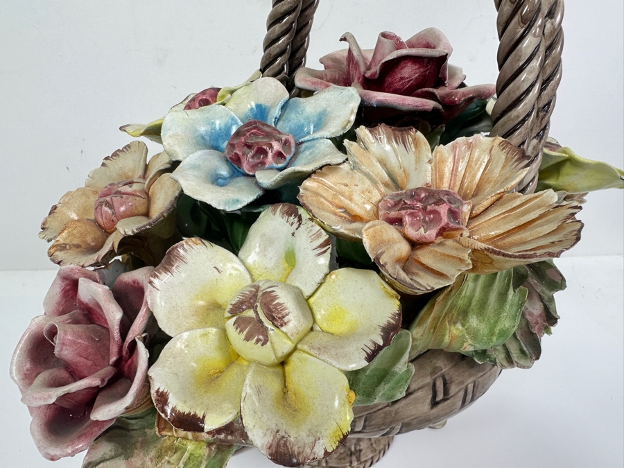 Just Added - Vintage Bassano Floral Ceramic Basket Made In Italy 14W X 13H [Photo 4]