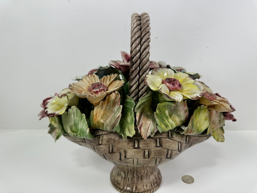 Just Added - Vintage Bassano Floral Ceramic Basket Made In Italy 14W X 13H [Photo 5]