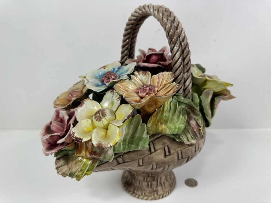 Just Added - Vintage Bassano Floral Ceramic Basket Made In Italy 14W X 13H [Photo 3]
