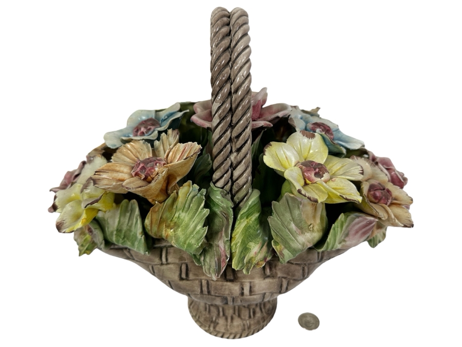 Just Added - Vintage Bassano Floral Ceramic Basket Made In Italy 14W X 13H [Photo 1]
