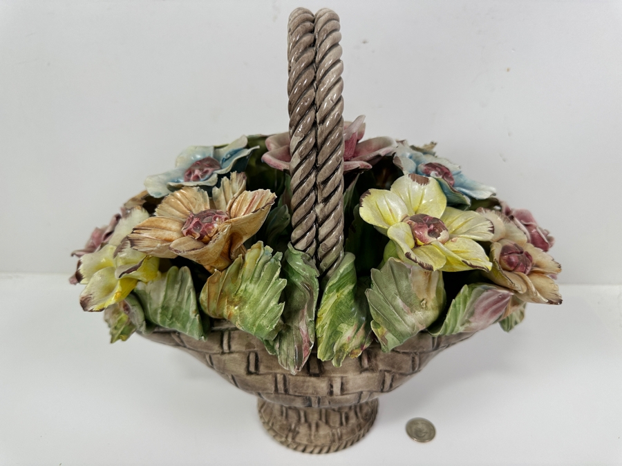 Just Added - Vintage Bassano Floral Ceramic Basket Made In Italy 14W X 13H [Photo 2]