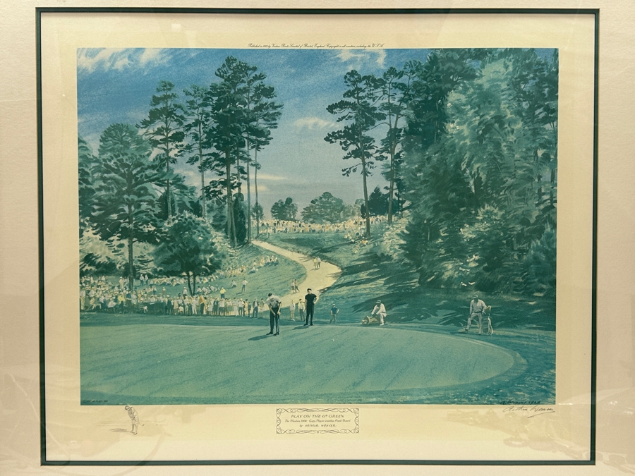 Just Added - Vintage 1969 Hand Signed Arthur Weaver Print With Hand Drawn Illustration Titled 'Play On The 6th Green: The Masters 1968' With Gary Player Observing Frank Beard 23 X 18 Framed 35 X 30.5