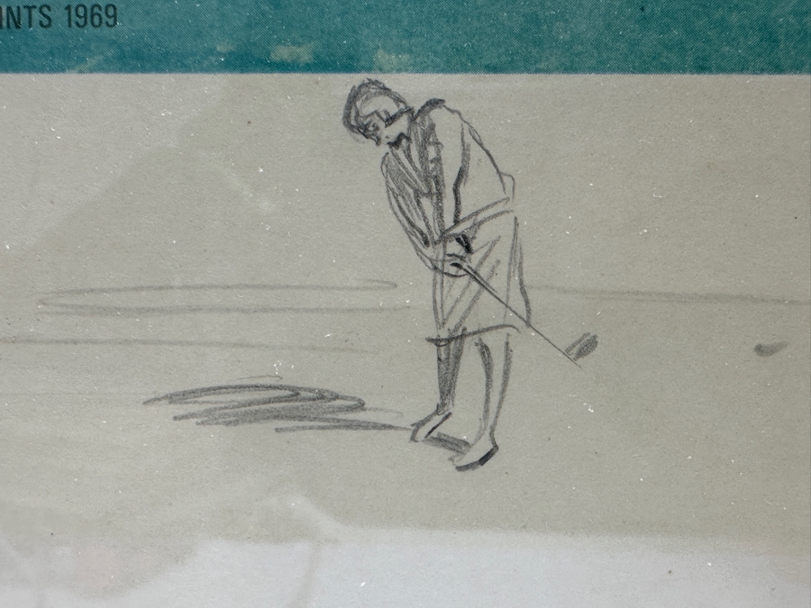 Just Added - Vintage 1969 Hand Signed Arthur Weaver Print With Hand Drawn Illustration Titled 'Play On The 6th Green: The Masters 1968' With Gary Player Observing Frank Beard 23 X 18 Framed 35 X 30.5 [Photo 6]