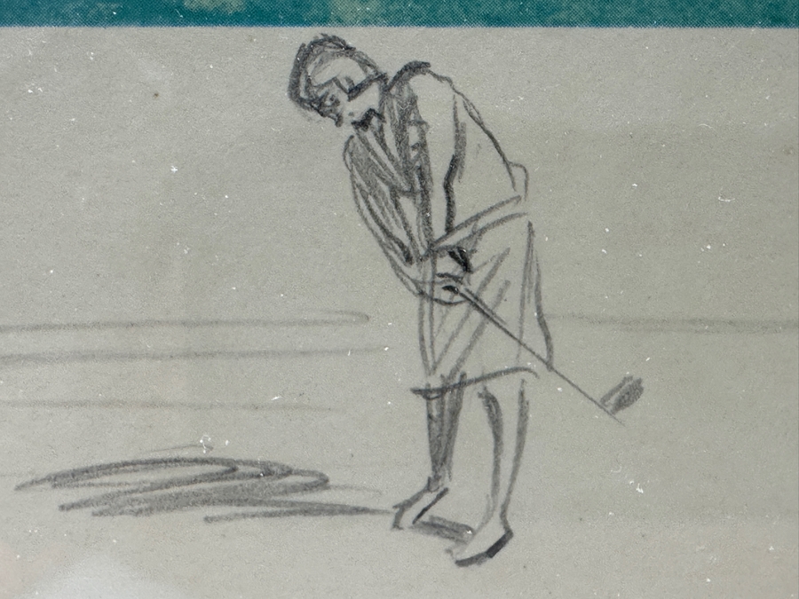 Just Added - Vintage 1969 Hand Signed Arthur Weaver Print With Hand Drawn Illustration Titled 'Play On The 6th Green: The Masters 1968' With Gary Player Observing Frank Beard 23 X 18 Framed 35 X 30.5 [Photo 10]