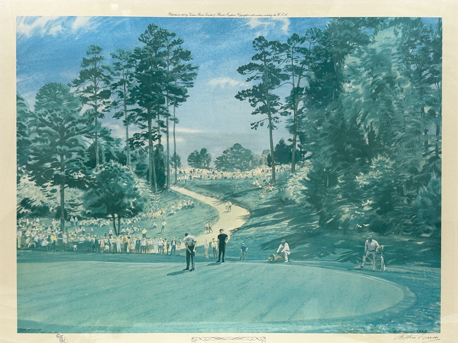 Just Added - Vintage 1969 Hand Signed Arthur Weaver Print With Hand Drawn Illustration Titled 'Play On The 6th Green: The Masters 1968' With Gary Player Observing Frank Beard 23 X 18 Framed 35 X 30.5 [Photo 9]