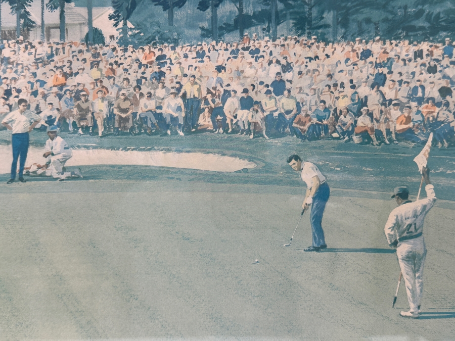 Just Added - Vintage 1969 Hand Signed Arthur Weaver Print With Hand Drawn Illustration Titled 'The Masters, 1968' With Bob Goalby Making The Final Putt To Win 24 X 18 Framed 32.5 X 28 [Photo 10]