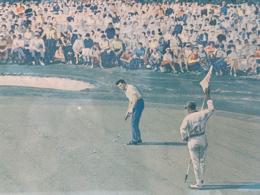 Just Added - Vintage 1969 Hand Signed Arthur Weaver Print With Hand Drawn Illustration Titled 'The Masters, 1968' With Bob Goalby Making The Final Putt To Win 24 X 18 Framed 32.5 X 28 [Photo 9]
