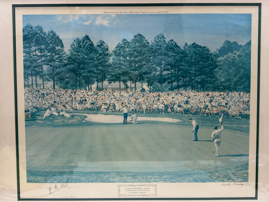 Just Added - Vintage 1969 Hand Signed Arthur Weaver Print With Hand Drawn Illustration Titled 'The Masters, 1968' With Bob Goalby Making The Final Putt To Win 24 X 18 Framed 32.5 X 28