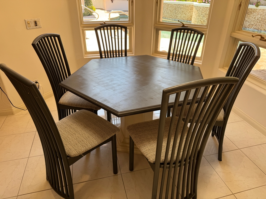 Just Added - Wooden Hexagon Pedestal Dining Table With Six Dining Chairs 47W X 29.5H [Photo 1]