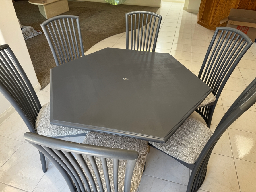 Just Added - Wooden Hexagon Pedestal Dining Table With Six Dining Chairs 47W X 29.5H [Photo 3]