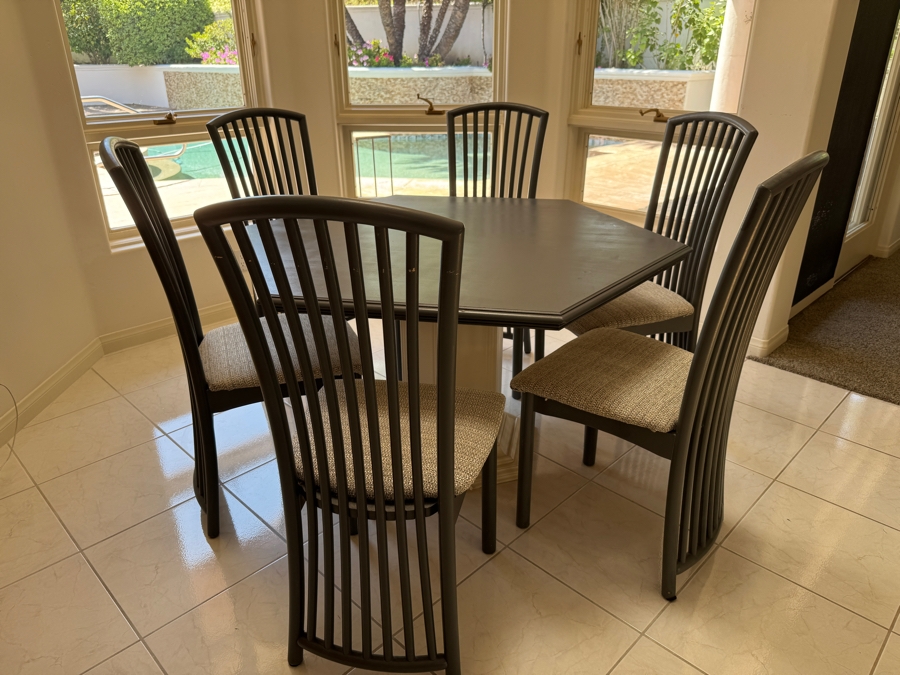 Just Added - Wooden Hexagon Pedestal Dining Table With Six Dining Chairs 47W X 29.5H [Photo 2]