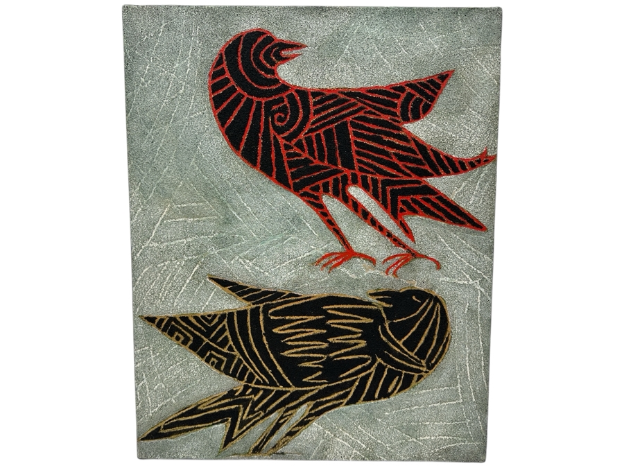 Just Added - Gerrit Greve (1948-2024, Cardiff by the Sea, CA) Original Acrylic Sand Painting On Canvas Titled 'Raven Friend' 2003 Signed Verso 16' X 20' Estimate $320 - $400 [Photo 1]
