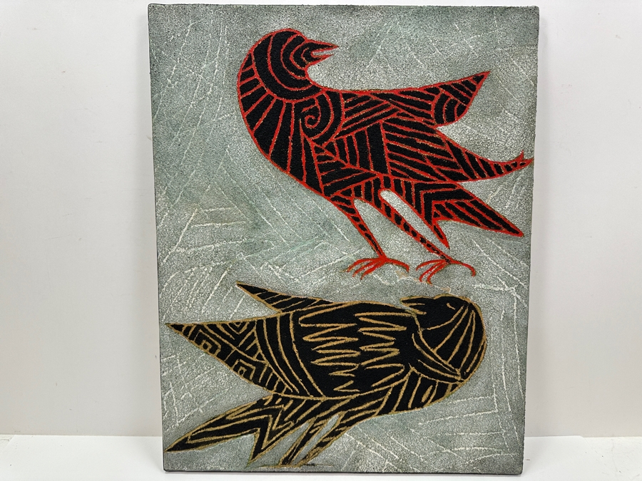 Just Added - Gerrit Greve (1948-2024, Cardiff by the Sea, CA) Original Acrylic Sand Painting On Canvas Titled 'Raven Friend' 2003 Signed Verso 16' X 20' Estimate $320 - $400 [Photo 2]
