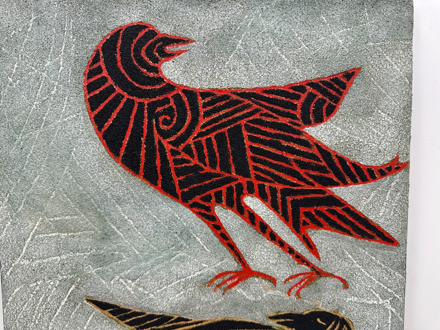 Just Added - Gerrit Greve (1948-2024, Cardiff by the Sea, CA) Original Acrylic Sand Painting On Canvas Titled 'Raven Friend' 2003 Signed Verso 16' X 20' Estimate $320 - $400 [Photo 4]