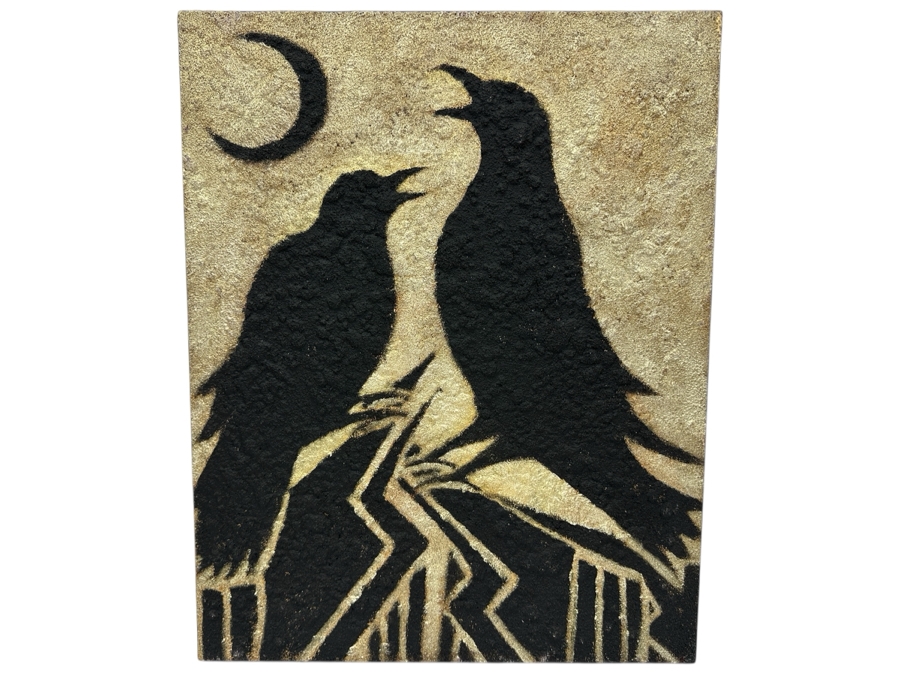 Just Added - Gerrit Greve (1948-2024, Cardiff by the Sea, CA) Original Acrylic Sand Painting On Canvas Titled 'Crow Parenting' 2003 Signed Verso 16' X 20' Estimate $320 - $400 [Photo 1]