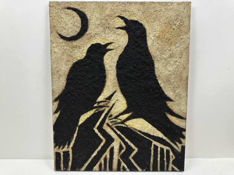 Just Added - Gerrit Greve (1948-2024, Cardiff by the Sea, CA) Original Acrylic Sand Painting On Canvas Titled 'Crow Parenting' 2003 Signed Verso 16' X 20' Estimate $320 - $400 [Photo 2]