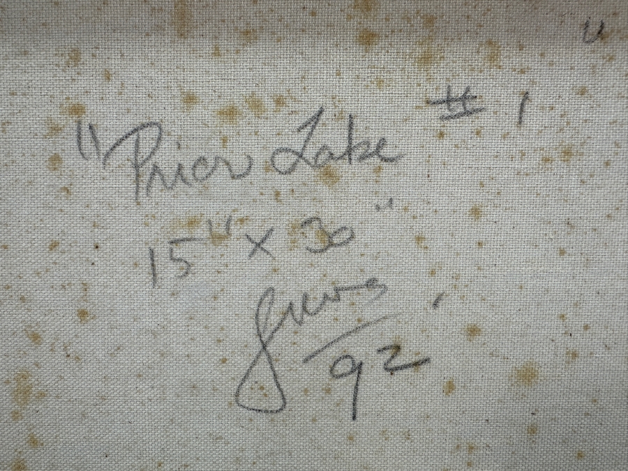 Gerrit Greve (1948-2024, Cardiff by the Sea, CA) Original Acrylic Painting On Canvas Titled 'Prior Lake #1' 1992 Signed Lower Left And Verso 15' X 30' Estimate $450 - $563 [Photo 7]