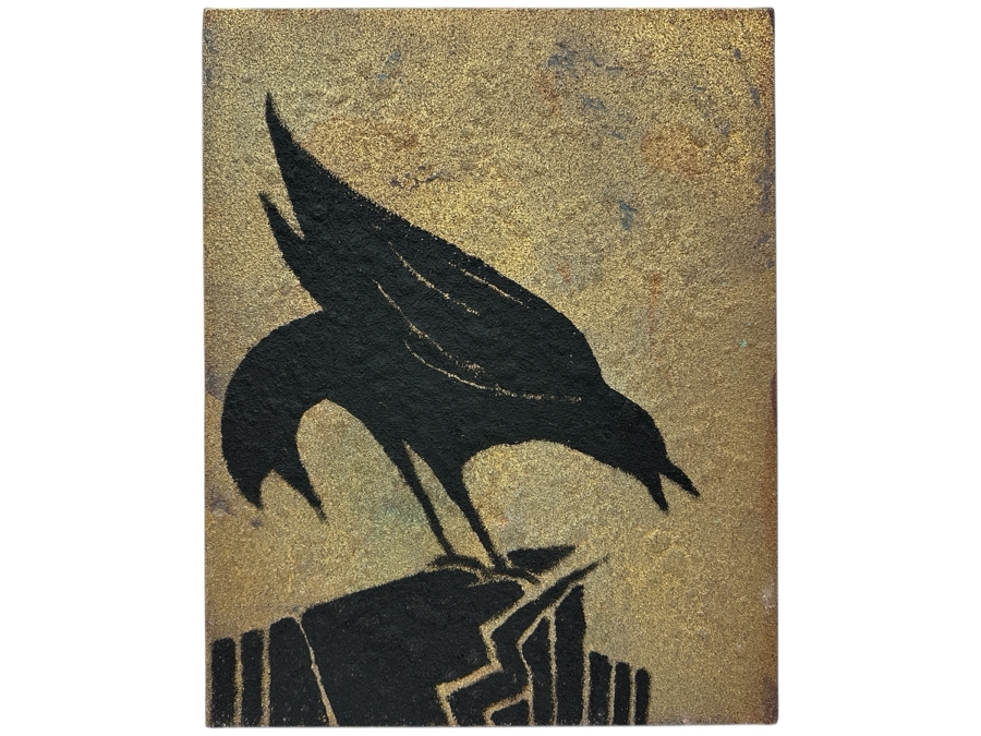 Gerrit Greve (1948-2024, Cardiff by the Sea, CA) Original Acrylic Sand Painting On Canvas Titled 'Cliff Raven' 2003 Signed Verso 16' X 20' Estimate $320 - $400