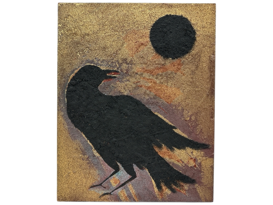 Gerrit Greve (1948-2024, Cardiff by the Sea, CA) Original Acrylic Sand Painting On Canvas Titled 'Raven at New Moon' 2003 Signed Verso 16' X 20' Estimate $320 - $400