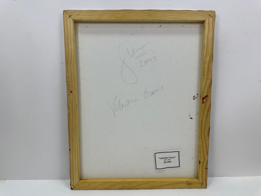 Gerrit Greve (1948-2024, Cardiff by the Sea, CA) Original Acrylic Sand Painting On Canvas Titled 'Valentine Crows' 2003 Signed Verso 16' X 20' Estimate $320 - $400 [Photo 5]