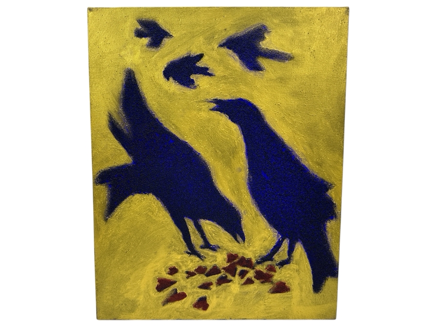 Gerrit Greve (1948-2024, Cardiff by the Sea, CA) Original Acrylic Sand Painting On Canvas Titled 'Valentine Crows' 2003 Signed Verso 16' X 20' Estimate $320 - $400