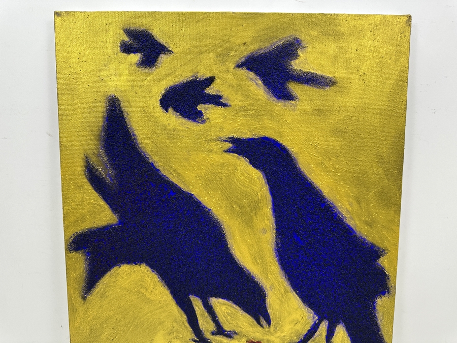Gerrit Greve (1948-2024, Cardiff by the Sea, CA) Original Acrylic Sand Painting On Canvas Titled 'Valentine Crows' 2003 Signed Verso 16' X 20' Estimate $320 - $400 [Photo 4]