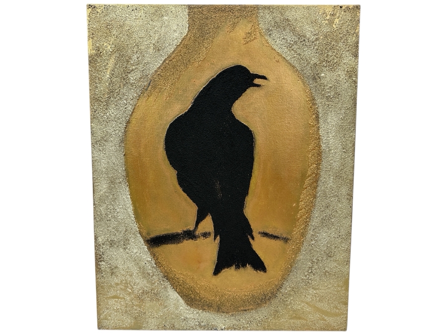 Gerrit Greve (1948-2024, Cardiff by the Sea, CA) Original Acrylic Sand Painting On Canvas Titled 'Raven Jar' 2003 Signed Verso 16' X 20' Estimate $320 - $400