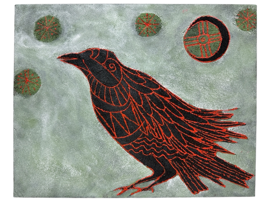 Gerrit Greve (1948-2024, Cardiff by the Sea, CA) Original Acrylic Sand Painting On Canvas Titled 'Fable Raven' 2003 Signed Verso 20' X 16' Estimate $320 - $400