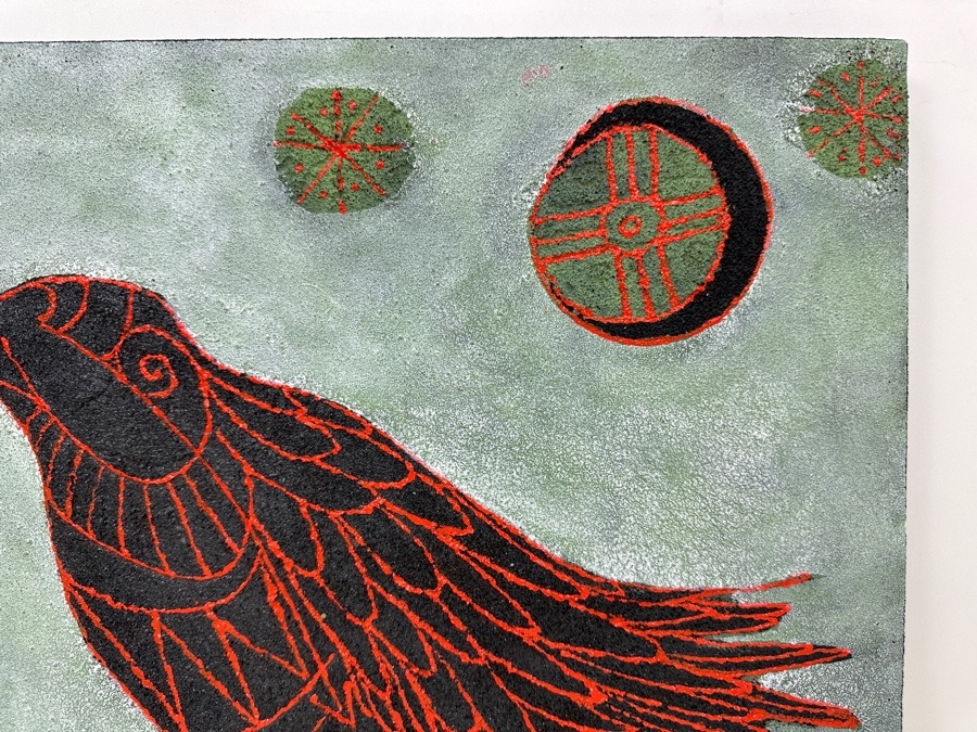 Gerrit Greve (1948-2024, Cardiff by the Sea, CA) Original Acrylic Sand Painting On Canvas Titled 'Fable Raven' 2003 Signed Verso 20' X 16' Estimate $320 - $400 [Photo 2]