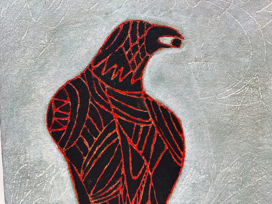 Gerrit Greve (1948-2024, Cardiff by the Sea, CA) Original Acrylic Sand Painting On Canvas Titled 'Indian Raven' 2003 Signed Verso 16' X 20' Estimate $320 - $400 [Photo 3]