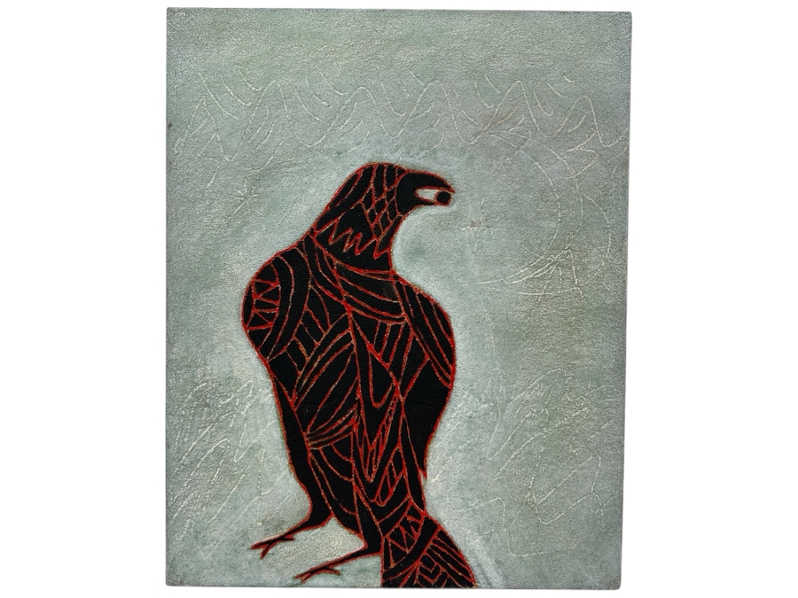 Gerrit Greve (1948-2024, Cardiff by the Sea, CA) Original Acrylic Sand Painting On Canvas Titled 'Indian Raven' 2003 Signed Verso 16' X 20' Estimate $320 - $400