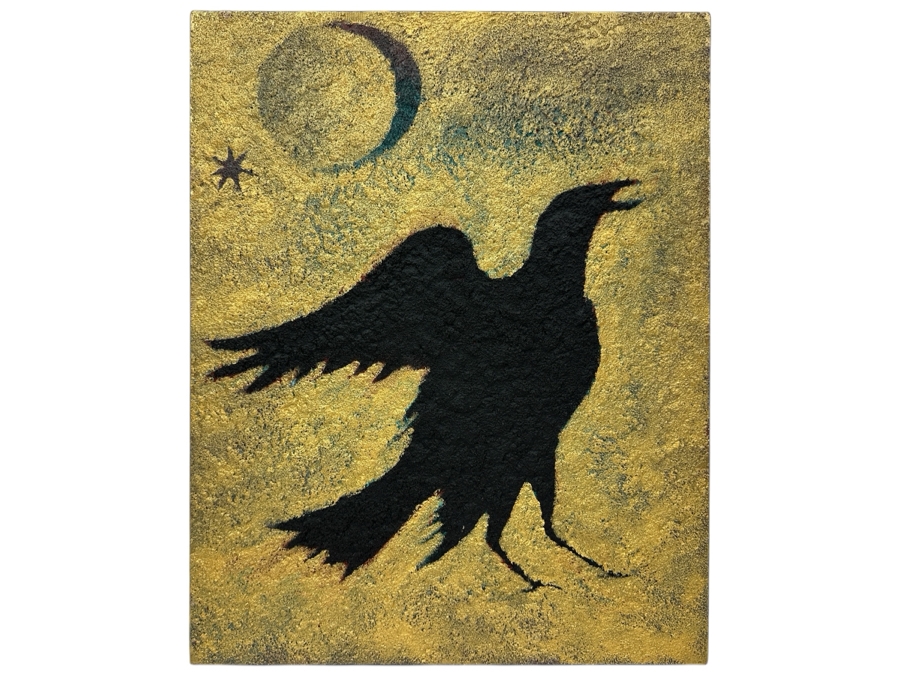 Gerrit Greve (1948-2024, Cardiff by the Sea, CA) Original Acrylic Sand Painting On Canvas Titled 'Talking Crow' 2003 Signed Verso 16' X 20' Estimate $320 - $400