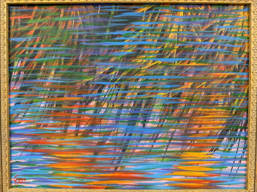 Gerrit Greve (1948-2024, Cardiff by the Sea, CA) Original Acrylic Painting On Canvas Titled 'Water Reeds Reflections'  Signed Lower Left And Verso 14' X 11' Framed 18' X 15' Estimate $154 - $193