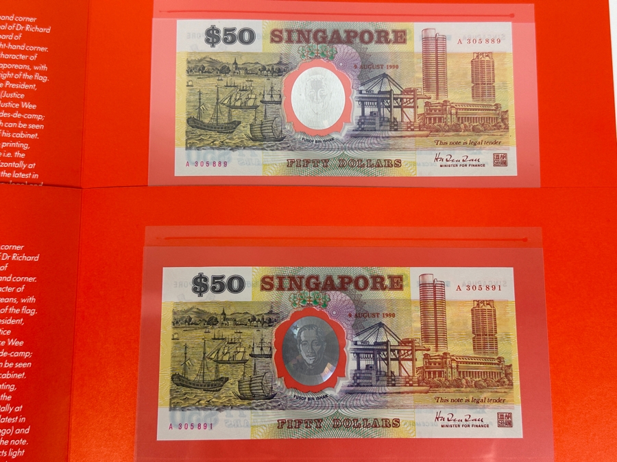 Pair Of Mint Uncirculated Singapore Commemorative $50 Notes Fifty Dollars First Issued In Singapore To Celebrate The Nation's 25th Year Of Independence Limited To 300,000 With 9 August 1990 Anniversary Date Featuring Hologram Of Yusof Bin Ishak