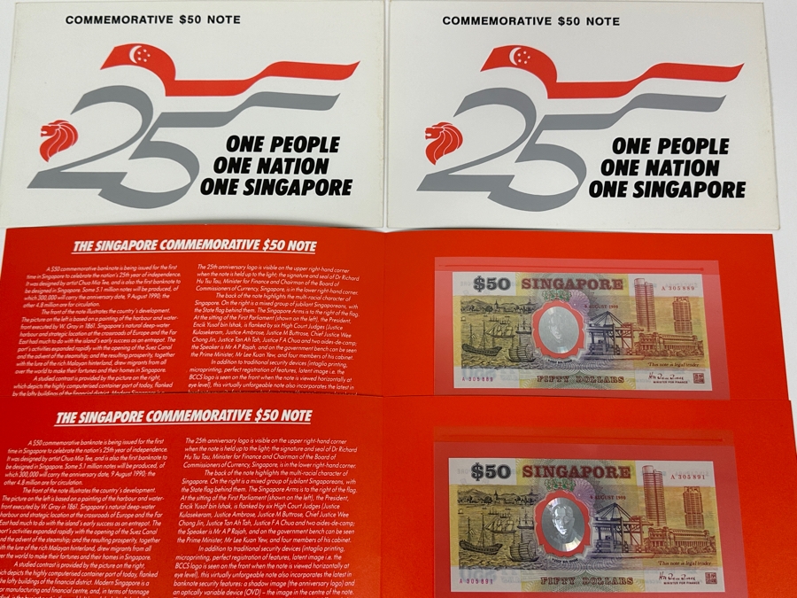 Pair Of Mint Uncirculated Singapore Commemorative $50 Notes Fifty Dollars First Issued In Singapore To Celebrate The Nation's 25th Year Of Independence Limited To 300,000 With 9 August 1990 Anniversary Date Featuring Hologram Of Yusof Bin Ishak [Photo 3]