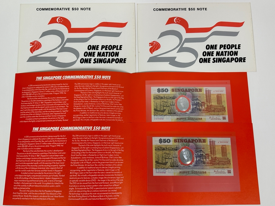 Pair Of Mint Uncirculated Singapore Commemorative $50 Notes Fifty Dollars First Issued In Singapore To Celebrate The Nation's 25th Year Of Independence Limited To 300,000 With 9 August 1990 Anniversary Date Featuring Hologram Of Yusof Bin Ishak [Photo 2]
