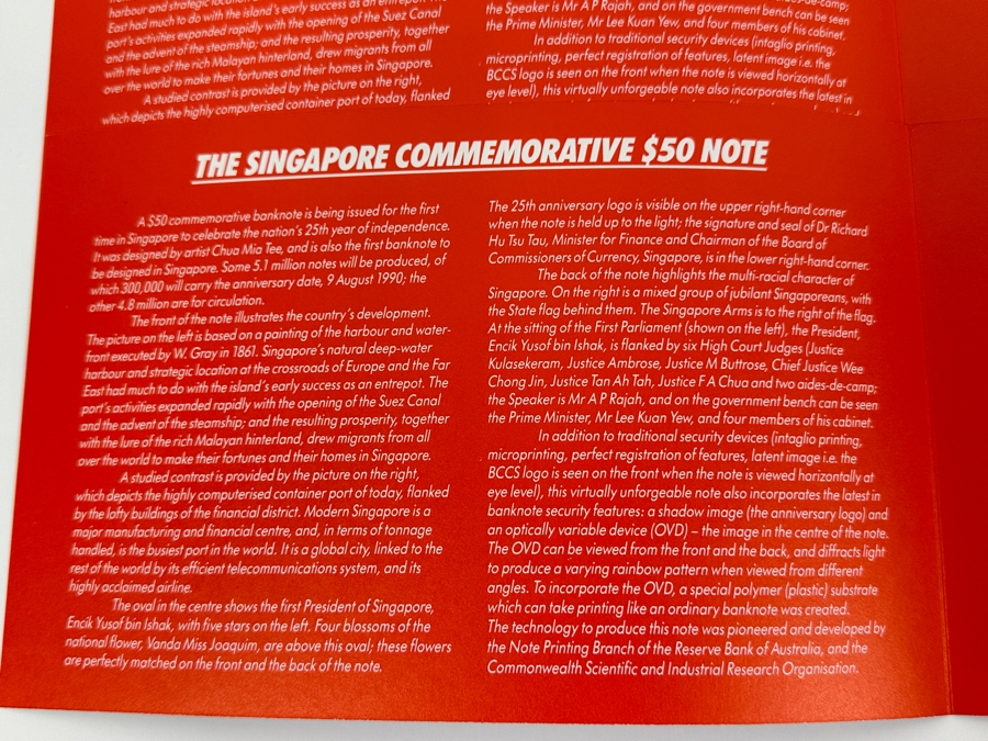 Pair Of Mint Uncirculated Singapore Commemorative $50 Notes Fifty Dollars First Issued In Singapore To Celebrate The Nation's 25th Year Of Independence Limited To 300,000 With 9 August 1990 Anniversary Date Featuring Hologram Of Yusof Bin Ishak [Photo 3]