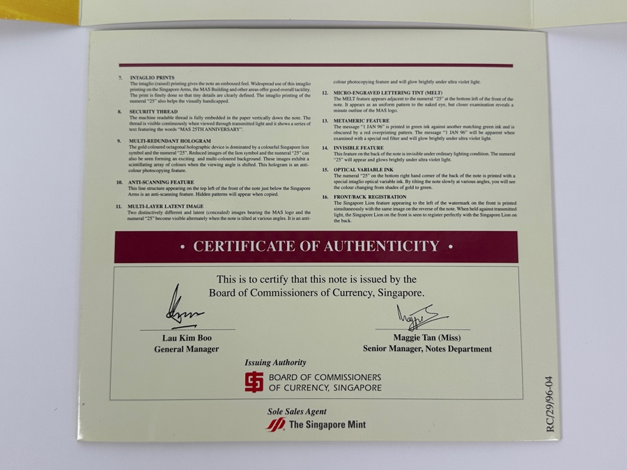 (3) Mint Uncirculated Singapore Twenty Five Dollars Bills Commemorating 25 Years Of Singapore 1971-1996 [Photo 10]