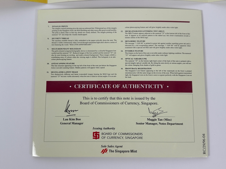 (3) Mint Uncirculated Singapore Twenty Five Dollars Bills Commemorating 25 Years Of Singapore 1971-1996 [Photo 8]