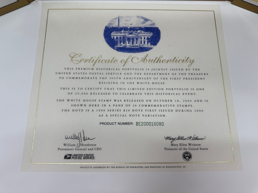 200th Anniversary Of The White House Premium Historical Portfolio With Uncirculated 1999 $20 Note First Issued During 2000 And Mint Pane Of 20 Commemorative White House Stamps [Photo 9]