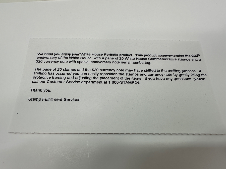 200th Anniversary Of The White House Premium Historical Portfolio With Uncirculated 1999 $20 Note First Issued During 2000 And Mint Pane Of 20 Commemorative White House Stamps [Photo 10]