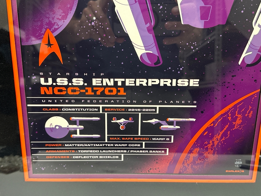 Tom Whalen Artist Signed Limited Edition Print 'Starship U.S.S. Enterprise NCC-1701 United Federation Of Planets' Numbered 70 Of 100 - 12' X 36' Nicely Framed 18' X 42' [Photo 3]