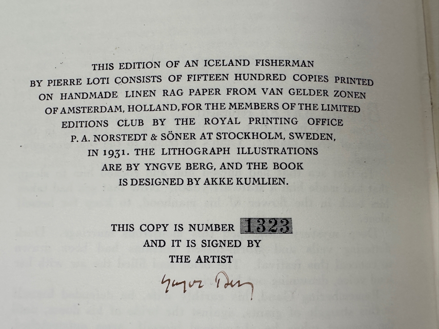 Signed Limited Editions Club Hardcover Book Iceland Fisherman By Pierre Loti Consists Numbered 1323 Of 1500 Hand Signed By The Artist Yngve Berg [Photo 2]