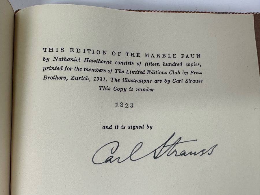 Signed Limited Editions Club 2 Volume Book With Slipcase: The Marble Faun By Nathaniel Hawthorne With Original Hand Colored Etchings By Carl Strauss Numbered 1323 Of 1500 Hand Signed By The Artist Carl Strauss [Photo 3]