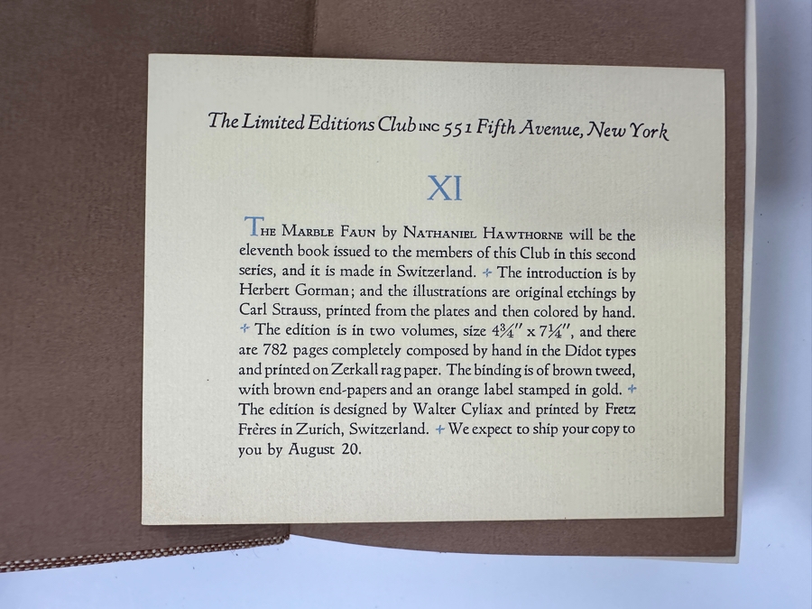 Signed Limited Editions Club 2 Volume Book With Slipcase: The Marble Faun By Nathaniel Hawthorne With Original Hand Colored Etchings By Carl Strauss Numbered 1323 Of 1500 Hand Signed By The Artist Carl Strauss [Photo 4]