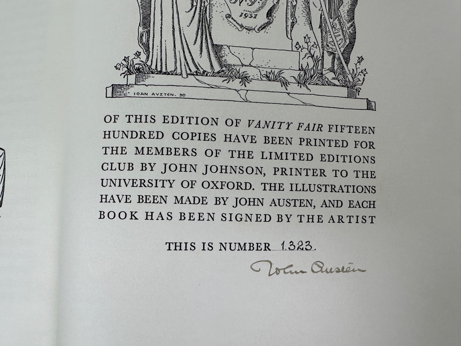 Signed Limited Editions Club Hardcover 2 Volume Book: Vanity Fair - A Novel Without A Hero By William Makepeace Thackeray Numbered 1323 Of 1500 Hand Signed By The Illustrator Artist John Austen [Photo 4]