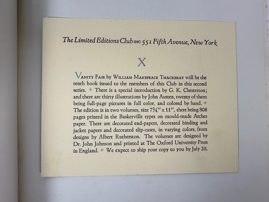 Signed Limited Editions Club Hardcover 2 Volume Book: Vanity Fair - A Novel Without A Hero By William Makepeace Thackeray Numbered 1323 Of 1500 Hand Signed By The Illustrator Artist John Austen [Photo 3]