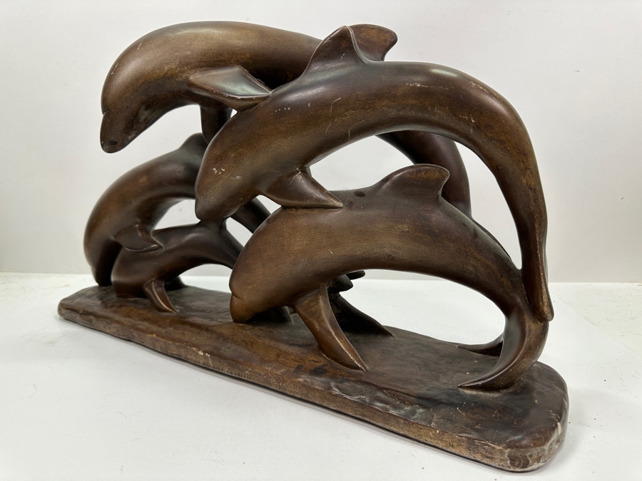 Vintage 1971 Signed Dolphin Pottery Sculpture 22.5W X 6D X 12.5H [Photo 4]