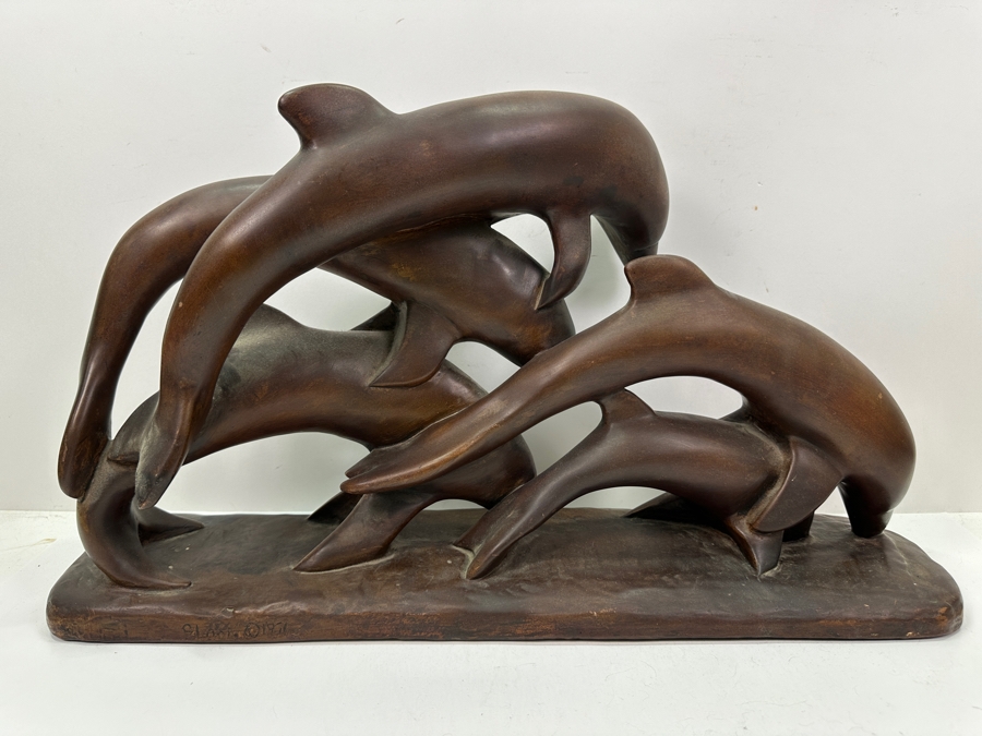 Vintage 1971 Signed Dolphin Pottery Sculpture 22.5W X 6D X 12.5H [Photo 6]