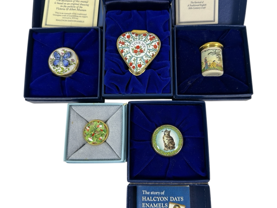 (5) Halcyon Days Enamel Boxes With Original Boxes